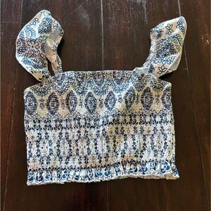 Blue and White Ruffle Sleeve Shirt